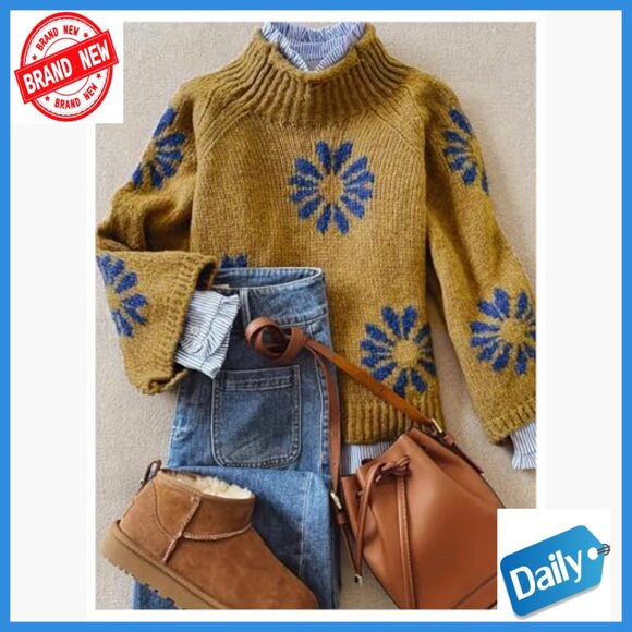 Floral Mock Neck Sweater Long Sleeve Knit Pullover Vintage Tops - Picture 2 of 5